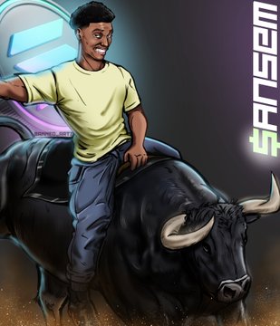 A cartoon illustration of a man in a yellow shirt riding a black bull with "$RANSOM" text visible.
