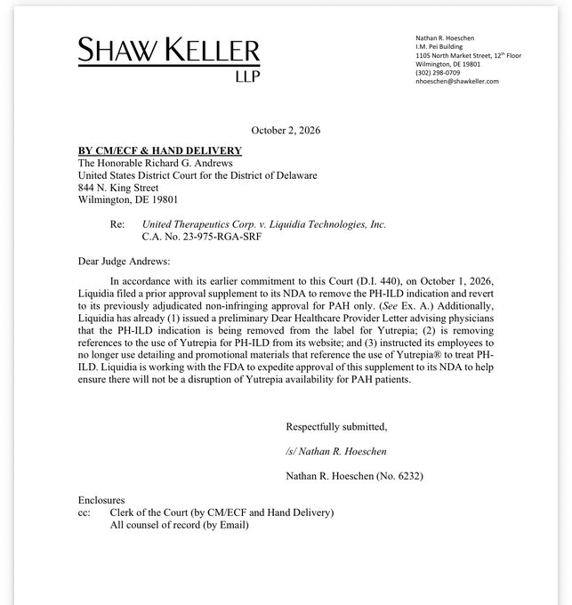 Legal letter dated October 2, 2026 from Shaw Keller LLP attorney Nathan R. Hoeschen to Judge Richard G. Andrews regarding United Therapeutics Corp. v. Liquidia Technologies, Inc., informing the court of Liquidia's prior approval supplement filing to remove the PH-ILD indication from its NDA for Yutrepia.