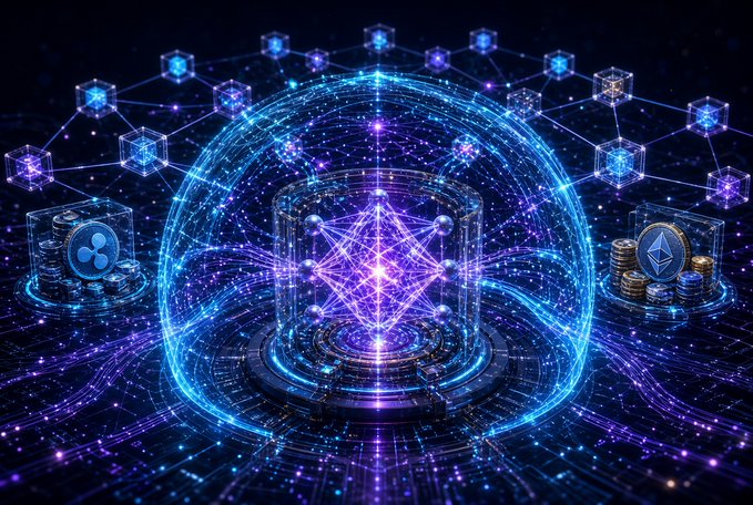A glowing futuristic 3D illustration featuring a central holographic polyhedron surrounded by blue energy rings, with cryptocurrency coin stacks including Ripple (XRP) and Ethereum symbols floating around a network of connected cubic nodes.