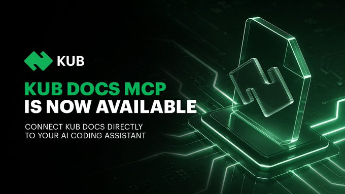 A promotional graphic for 'KUB DOCS MCP IS NOW AVAILABLE,' inviting users to connect Kub Docs directly to their AI coding assistant, with a glowing green circuit-board design.