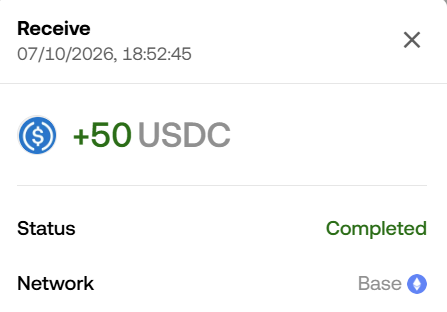 A mobile app transaction confirmation screen showing a completed receipt of '+50 USDC' received on 07/10/2026 via the Base network.