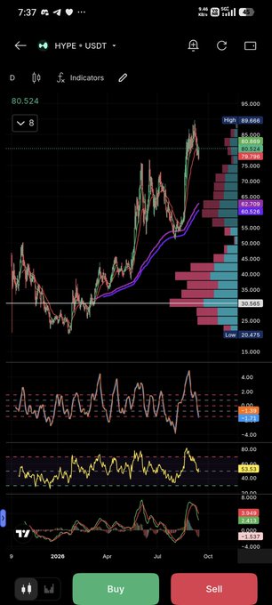 A TradingView mobile chart displaying HYPE/USDT cryptocurrency pair, showing price action around 80.524 with candlestick patterns, volume profile, and technical analysis indicators spanning 2026 through October.