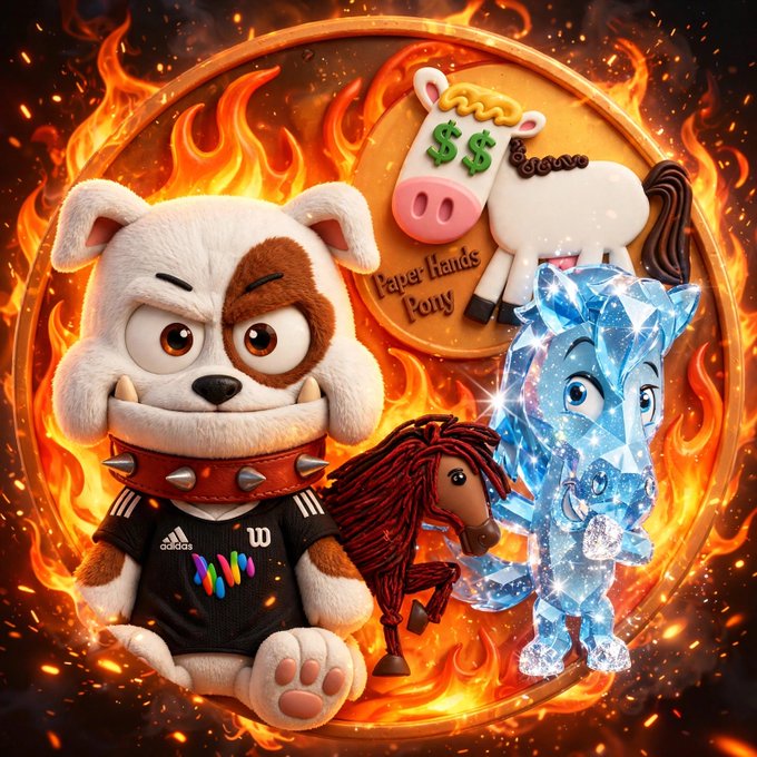 A vibrant digital artwork features an angry plush dog in a black 'adidas' jersey, a blue crystal pony, a horse figure, and a coin labeled 'Paper Hands Pony' with dollar signs for eyes, all surrounded by flames.