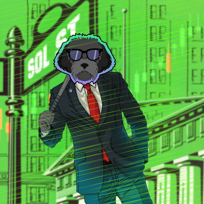 The image features a cartoon dog dressed as a businessman, wearing a suit and tie while holding a cane. The background of the image shows an urban setting with buildings and street signs, including a "SOL" sign. The caption on the image reads "Time to send everything! I AM HIM".