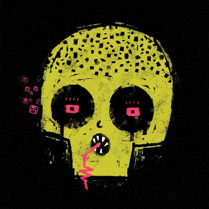 A stylized, punk-inspired illustration of a yellow-green skull with a dotted pattern on the forehead, featuring large dark eye sockets with pink digital-style eyes and a jagged pink line descending from the mouth.