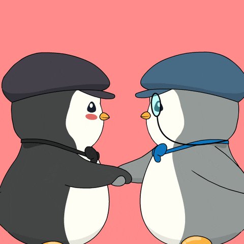 The image features two penguins standing next to each other, both wearing hats. The background of the image is pink, which complements the black and white color scheme of the penguins' outfits. There are no texts or other objects present in the image.