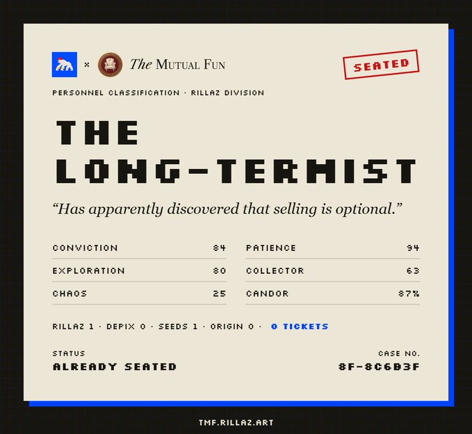 A digital certificate from "The Mutual Fun" with Rilla2 Division branding, titled "THE LONG-TERMIST," with a quote about selling being optional, and status "ALREADY SEATED."