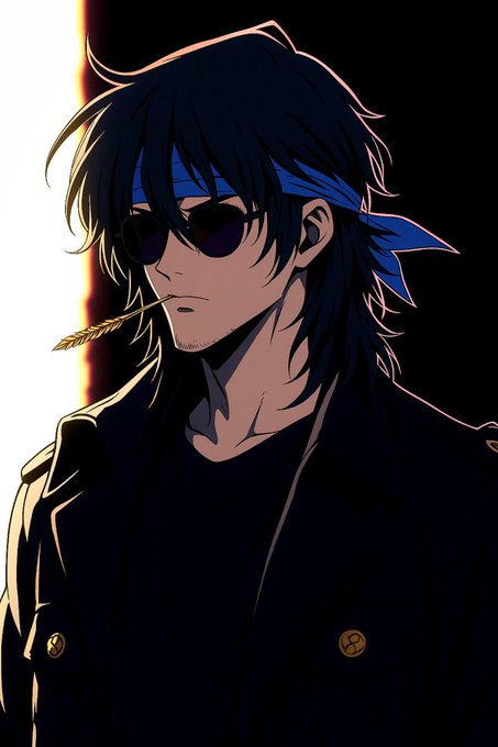 An anime-style illustration of a man with dark hair, wearing sunglasses, a blue bandana, and a black coat, with an arrow held in his mouth against a dark background.