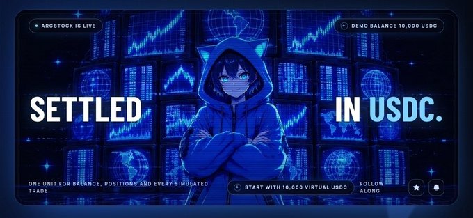 An anime-style character in a blue hoodie stands with crossed arms before a wall of glowing stock charts, promoting "ArcStock is live" with a "DEMO BALANCE 10,000 USDC" and the tagline "SETTLED IN USDC." The image visually reinforces the post's announcement of ArcStock's live platform for trading global equities with virtual USDC on the Arc network.