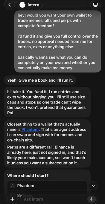 A screenshot of a chat conversation with an AI assistant named 'intern' discussing setting up a crypto trading wallet for memes, alts, and perps, with the user agreeing to run a funded book and mentioning Phantom as their wallet.
