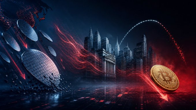 Asia chip stocks crash into a red-washed cityscape as a Bitcoin coin plummets on a downward arc, visually capturing how semiconductor weakness dragged down crypto, with Bitcoin piercing the $63K low. The shattered wafer and the Bitcoin's steep descent illustrate the risk-asset feedback loop where a failed bounce fuels more de-risking rather than dip-buying.