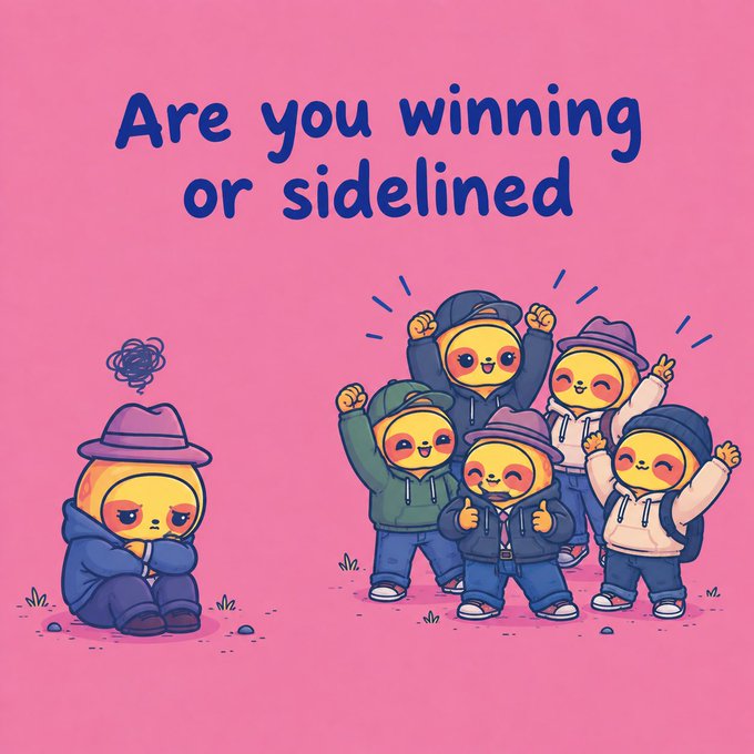 A pink graphic asks 'Are you winning or sidelined' with cartoon characters, showing one sad figure sitting alone on the left and a cheering group on the right.