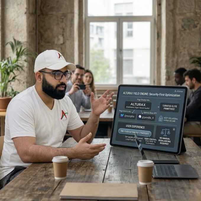The image shows a man sitting at a table with two laptops, one open and another closed. The man appears to be engaged in a discussion or presentation related to cryptocurrency, as indicated by the presence of a laptop screen displaying information about Alturax. There are also coffee cups on the table, suggesting that they might have been enjoying some refreshments during their meeting.