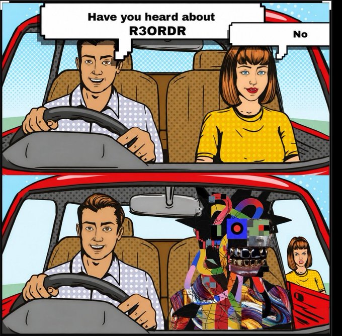 The image features two cartoon characters, one man and one woman, sitting inside a car with the caption "Have you heard about R33rdR?". The man is driving the car while the woman sits next to him. There are also other elements in the image such as a red car, a tree, and a bird flying by outside of the window.