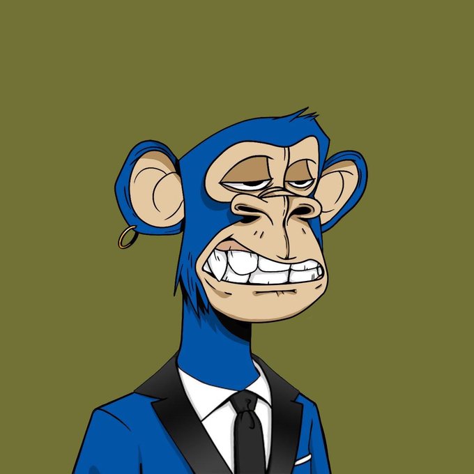 A digital illustration of a stylized blue monkey character in a suit and tie, featuring exaggerated features like a wide toothy grin and an earring.