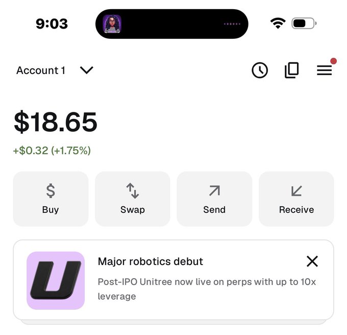The image shows a crypto app screen displaying Account 1 with a balance of $18.65, showing a gain of +$0.32 (+1.75%) in green. The post humorously relates to the small but positive gains, as the portfolio "pumping" only amounts to a modest 32-cent increase on a less-than-$20 balance.