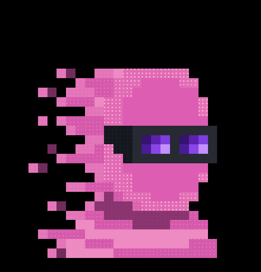 A pixel art image of a pink ghost-like figure with purple sunglasses, appearing to move or glitch with trailing pixels.