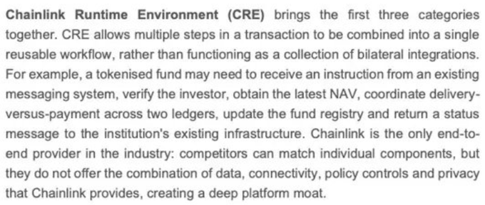 A text excerpt discussing 'Chainlink Runtime Environment (CRE)' and how it combines multiple transaction steps into a single reusable workflow for tokenised funds, noting Chainlink's position as an end-to-end provider.