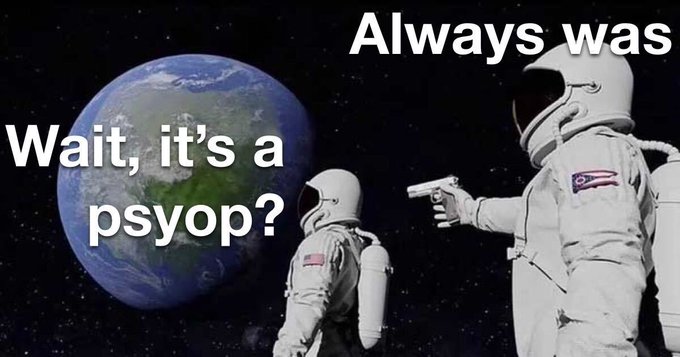 Two astronauts stand before Earth, with one pointing a gun at the other, captioned "Always was" and "Wait, it's a psyop?"—humorously depicting conspiracy theories targeting platforms like Kalshi that accurately predict $TSLA delivery numbers, suggesting skeptics are being "taken out" by those defending the legitimate predictive market.