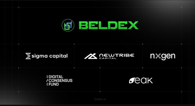 A promotional graphic displaying the 'BELDEX' logo at the top, with partner logos below including 'sigma capital', 'NEW TRIBE CAPITAL', 'noxgen', 'DIGITAL CONSENSUS FUND', and 'peak'.