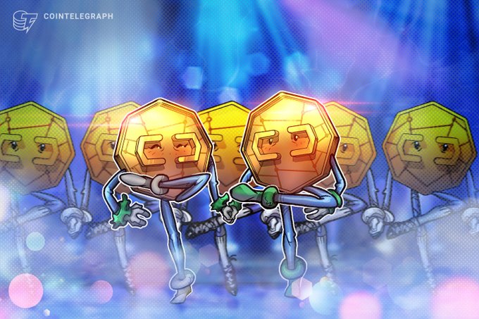 A Cointelegraph illustration showing anthropomorphized gold Bitcoin coins with legs dancing in a row against a colorful blue background.