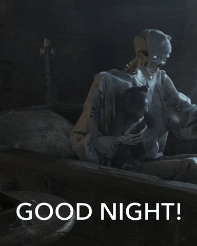 The image features a skeleton holding a teddy bear while sitting inside a wooden box at night. The caption of the image reads "Good Night!" which seems to be related to a social media post or a message about the importance of good nights, possibly referencing the Compute-Consensus Layer and its use in creating secure wallets and contracts for quantum-resistant assets.