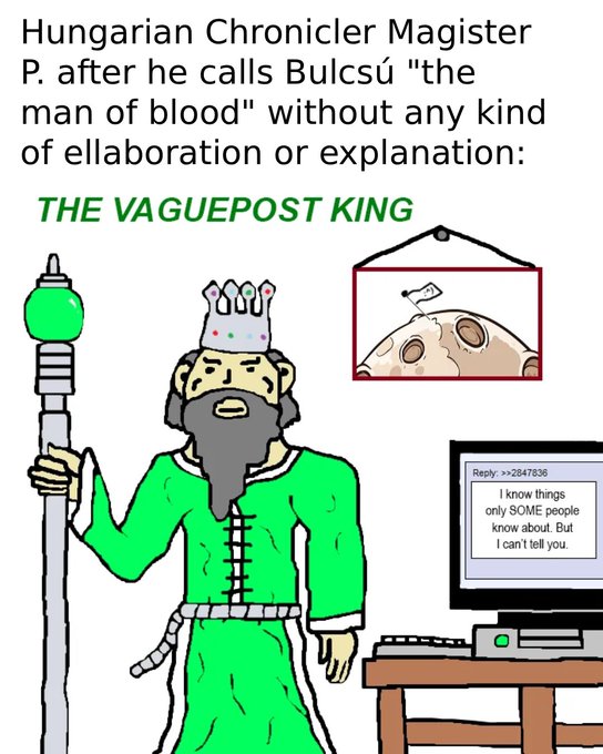 A meme titled 'THE VAGUEPOST KING' depicting a crowned, bearded character holding a staff and standing next to a computer monitor displaying 'Reply >>2847836: I know things only SOME people know about. But I can't tell you.'