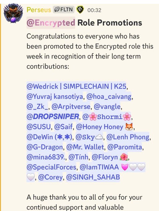 A Telegram message from user 'Perseus' announcing role promotions to the 'Encrypted' role, listing promoted members including @Wedrick, @Yuvraj kansotiya, and @DROPSNIPER, among others.