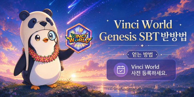 A cute panda mascot wearing a flower lei holds the Vinci World logo against a starry sunset sky, with Korean text promoting the "Vinci World Genesis SBT" giveaway and instructions to register on the Vinci World app.

Key text: "Vinci World Genesis SBT 받방법" (Vinci World Genesis SBT Receipt Method), "얻는 방법" (How to get), "Vinci World 사전 등록하세요" (Pre-register on Vinci World).