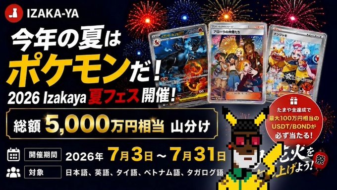 The image is a vibrant promotional graphic for the **2026 Izakaya Summer Fest**, announcing a **5,000万円相当 (~$30,000) giveaway** from **July 3 to July 31, 2026**, featuring Pokémon-themed visuals and three Pokémon trading cards, with up to **100 winners of USDT/BOND** available across multiple languages (Japanese, English, Thai, Vietnamese, Tagalog)—directly corresponding to the post's crypto giveaway event requiring users to follow and engage on social media.