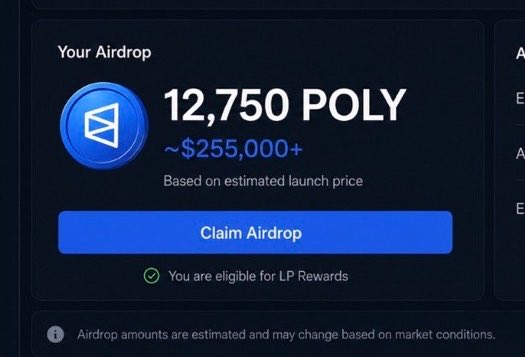 The image shows a Polymarket airdrop claim interface displaying an allocation of 12,750 POLY tokens (~$255,000) based on estimated launch price, with a "Claim Airdrop" button and confirmation of LP Rewards eligibility. This visually represents the rumored $POLY TGE airdrop discussed in the post, showcasing a user's potential allocation based on factors like trading volume and PnL activity.