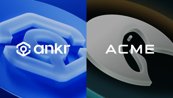 The image is a split graphic showing the Ankr logo (with its distinctive hexagonal icon and "ankr" wordmark) on a blue 3D-rendered background on the left, and the "ACME" logo on a darker gray 3D background on the right—visually representing the partnership between Ankr, providing the decentralized infrastructure, and ACME, pioneering orbital drug manufacturing through its microgravity-based DePIN supercomputer.