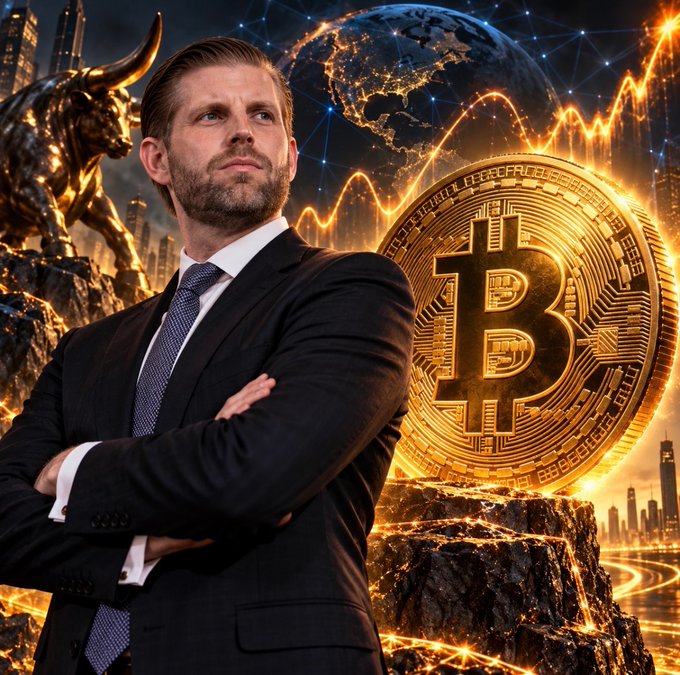 A bearded man in a dark suit and patterned tie stands confidently with his arms crossed in front of a vibrant digital backdrop featuring a golden Bitcoin coin, a bull statue, rising market charts, and a glowing world map, visually reinforcing Eric Trump's bold endorsement of Bitcoin as a long-term investment.