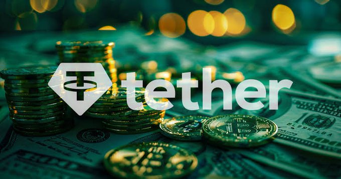 Tether (USDT) cryptocurrency promotional image showing the Tether logo overlaid on stacks of coins and dollar bills with a green-tinted background.