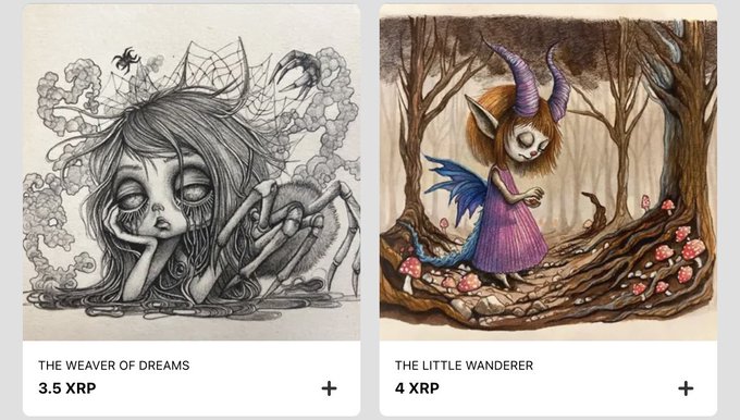 Two digital art listings: 'THE WEAVER OF DREAMS' (a pencil-style drawing of a sad girl with spider legs) priced at 3.5 XRP, and 'THE LITTLE WANDERER' (a colored drawing of a horned, winged cat-girl in a forest) priced at 4 XRP.