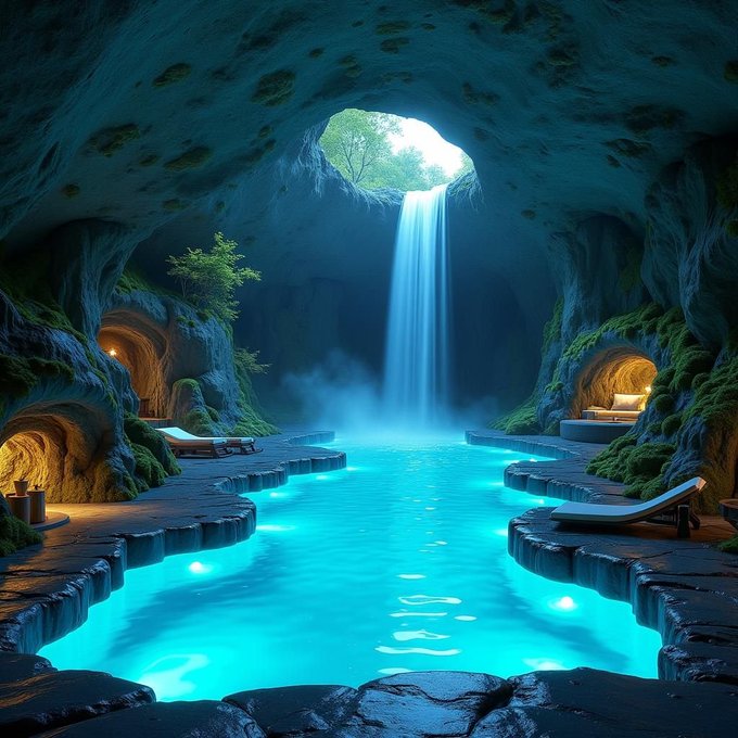 The image shows a beautiful blue pool surrounded by rocks, with a waterfall cascading down from an opening in the ceiling of the cave-like structure. The pool area has several lounge chairs placed around it for relaxation. There are also some people sitting on the chairs and enjoying the view. The scene is serene and inviting, making it an ideal spot to unwind and appreciate nature's beauty.