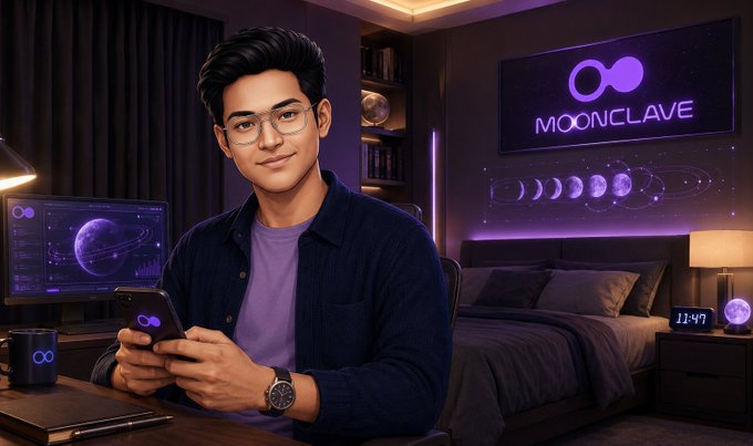 An illustration shows a young man in glasses working on a smartphone in a purple-themed room featuring a 'MOONCLAVE' neon sign and moon phase artwork.