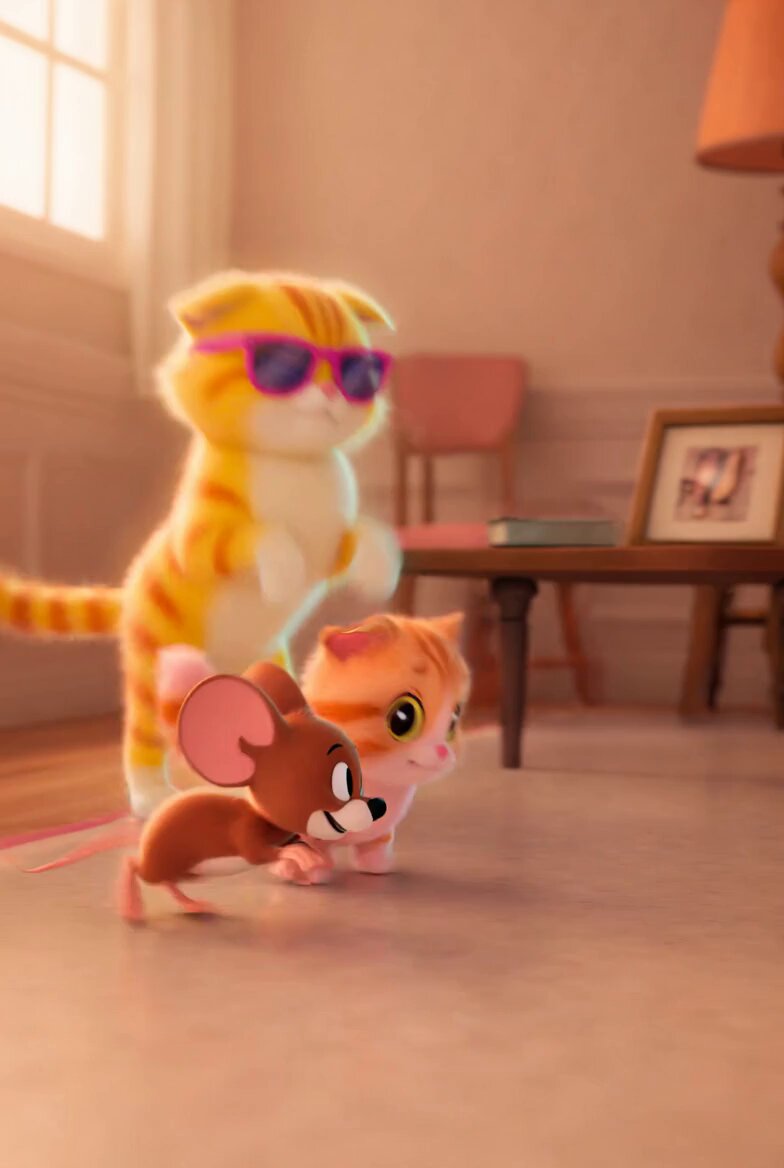 The image features a cartoon cat wearing sunglasses, standing next to another cartoon cat that appears to be running or playing with a toy mouse. The scene takes place in an indoor setting, possibly a living room, where there are chairs and other furniture present. A caption on the image reads "Vibes duo is bringing chaos everywhere they go".