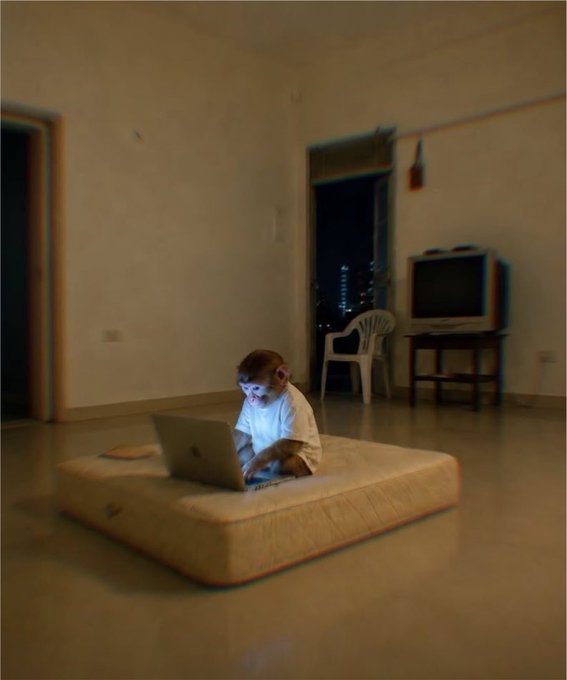 A young monkey wearing a white shirt sits on a mattress placed on the floor of an empty room, focused on a laptop screen glowing in the dim light. The scene, paired with the caption "locked in," creates a humorous contrast—depicting the primate seemingly "locked in" to a late-night work or gaming session, mirroring the intense focus of humans working or studying alone at home.