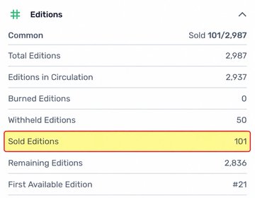 A VeVe Editions panel for "Common" shows that 101 out of 2,987 editions sold, with 2,937 in circulation, 0 burned, 50 withheld, and 2,836 remaining, starting at edition #21—highlighting the poor sales performance referenced in the post about bad drop mechanics.