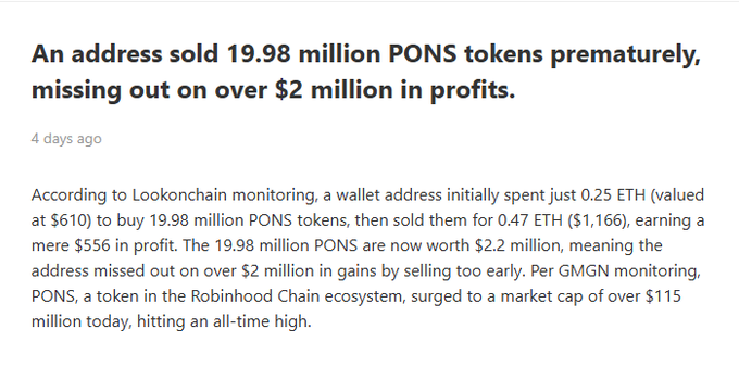 A news article snippet reporting that an address sold 19.98 million PONS tokens prematurely, missing out on over $2 million in profits, as the token surged to an $115 million market cap on the Robinhood Chain ecosystem.