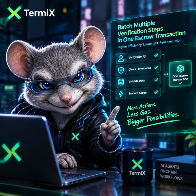A promotional graphic for 'TermiX' featuring a cartoon mouse wearing glasses and a hoodie, pointing to a laptop screen displaying 'Batch Multiple Verification Steps in One Escrow Transaction' with features like 'Verify Identity', 'Check Permissions', 'Validate Data', and 'Execute Action'.