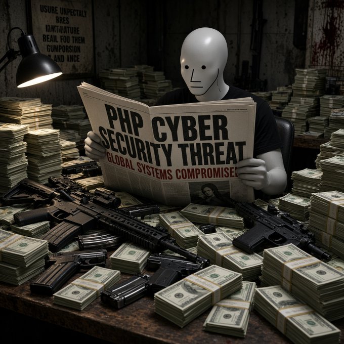 A dark, staged scene shows a white faceless figure reading a newspaper titled “CYBER THREAT,” with the headline “PHP SECURITY THREAT GLOBAL SYSTEMS COMPROMISE,” surrounded by stacks of money and firearms.