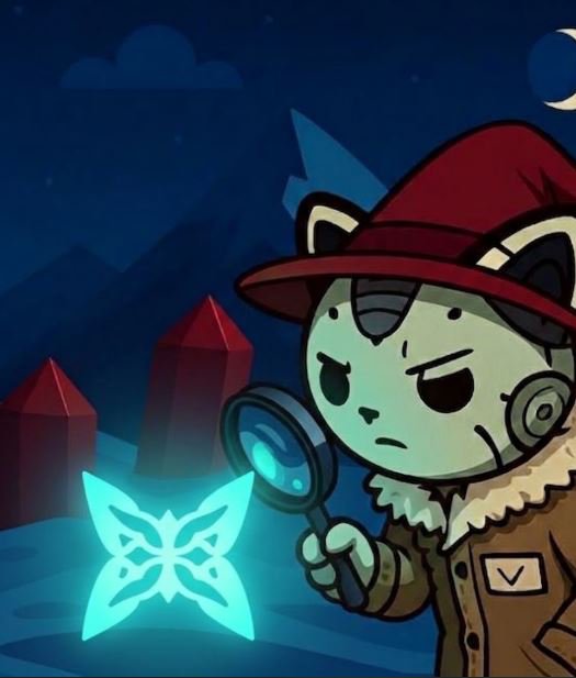 An animated cartoon character wearing a red detective hat and coat, holding a magnifying glass while examining a glowing blue butterfly shape against a dark night sky.