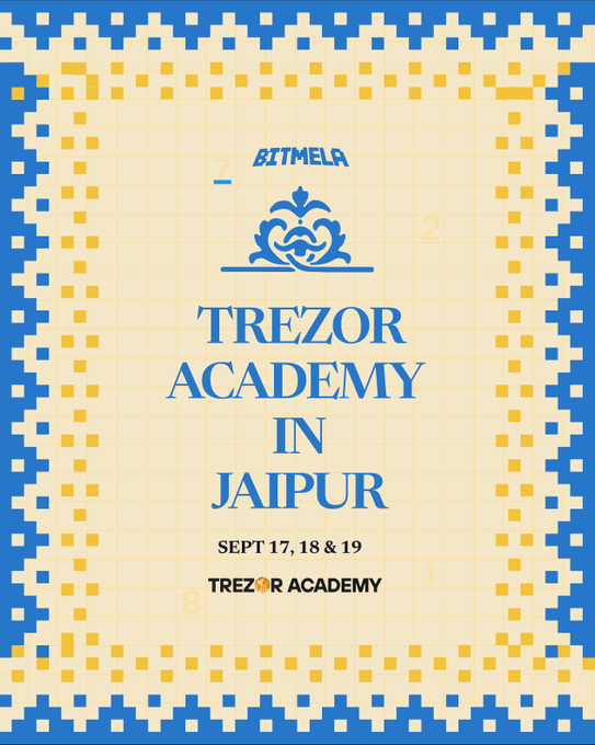 A pixelated poster announcing 'TREZOR ACADEMY IN JAIPUR' on Sept 17, 18 & 19, with a Bitmela logo at the top.