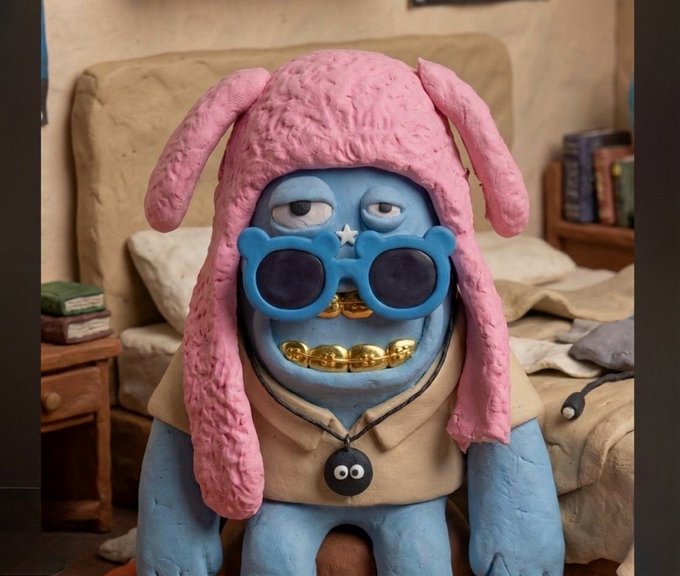A blue claymation character with a pink bunny-eared hat, blue sunglasses, and gold grills is shown sitting in a living room setting, wearing a necklace with a small black pendant.