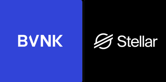 A split screen showing the BVNK logo on a blue background and the Stellar logo on a black background.