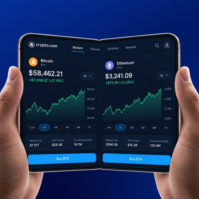 Two hands hold a foldable device displaying the Crypto.com app, showing Bitcoin at $58,462.21 (+2.18%) and Ethereum at $3,241.09 (+2.28%) side-by-side on their respective Markets screens—a fitting "multitasking" moment as the user tracks two major cryptocurrencies simultaneously.