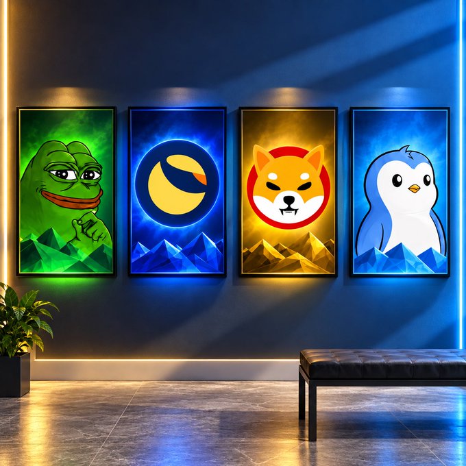 Four framed meme posters featuring Pepe the Frog, a yellow/blue logo, a Shiba Inu dog, and a penguin hang on a blue wall illuminated by neon LED lighting, with a black bench and potted plant in the foreground.