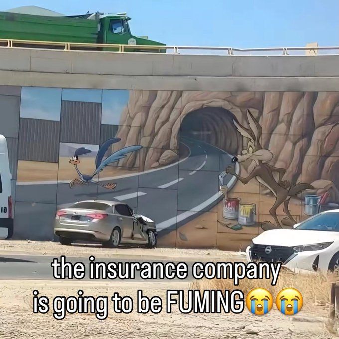 A meme featuring a mural of Wile E. Coyote and the Road Runner, with a crashed car in front and text reading 'the insurance company is going to be FUMING😭😭'.